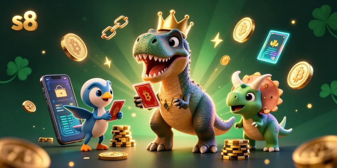 Engage with exhilarating gaming at S8 casino featuring a T-Rex and friends stacking chips in an electrifying atmosphere.