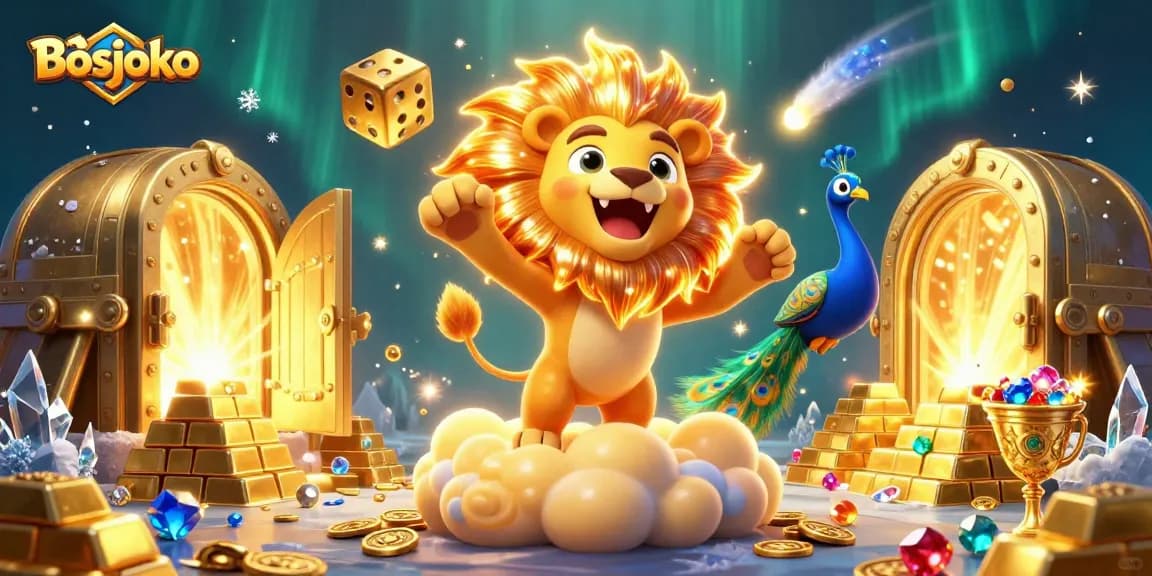 Experience Bosjoko's thrilling casino adventure with a roaring sun lion and golden elements!