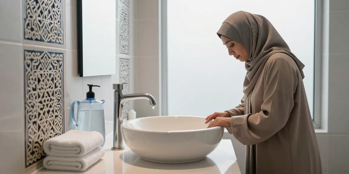 Ablution wash basin in a serene Islamic bathroom setting, showcasing elegant design and cultural elements.
