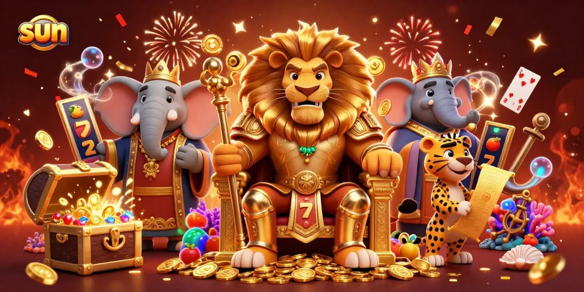 Experience vibrant sun-themed slot action with a majestic lion king amidst a dynamic casino scene.