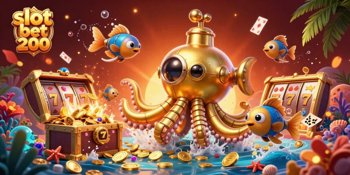 Experience the thrill of slot bet 200 in this vibrant online casino illustration featuring golden kraken and treasure.