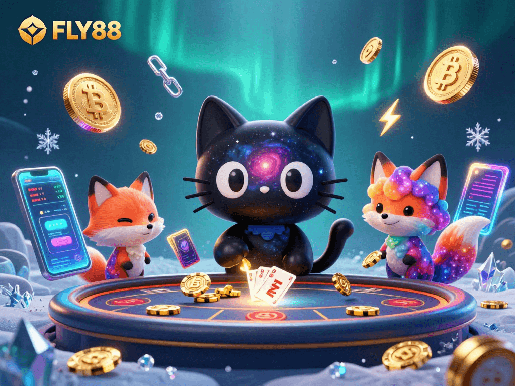Experience FLY88's cosmic casino adventure with a galaxy cat and nebula fox.