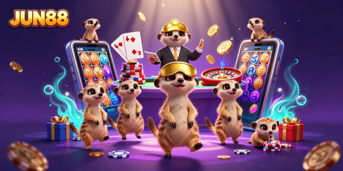 Engage with JUN88's thrilling casino experience featuring playful meerkats managing games and prizes.