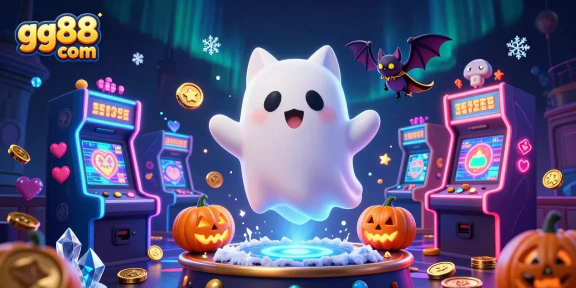 Experience exciting wins with gg88 com at a vibrant haunted casino with a friendly ghost cat.