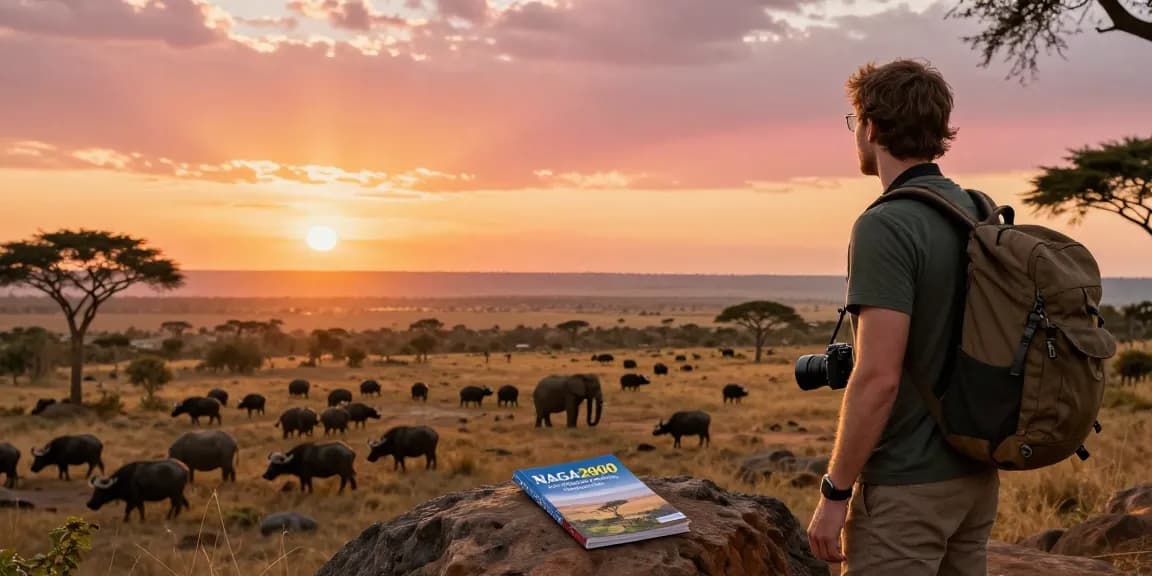 NAGA2000 traveler at Kidepo Valley National Park, marveling at the vast savanna and wildlife during sunset.