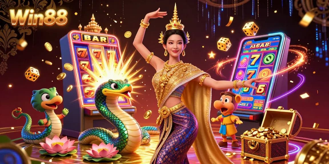 Win88 showcases vibrant slots excitement with a jackpot explosion and dynamic casino elements.
