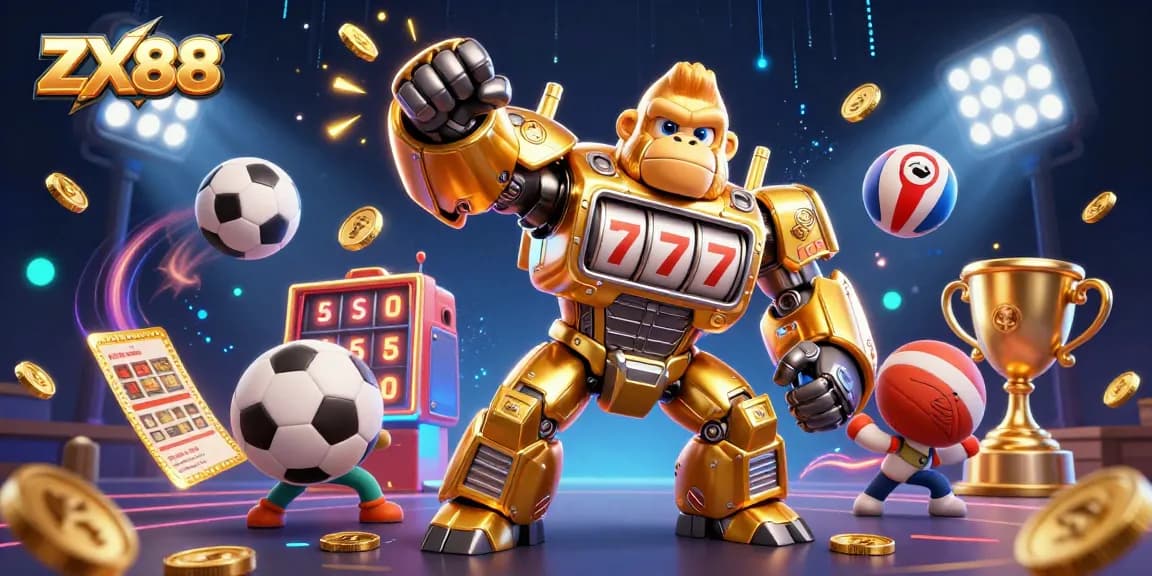 Experience thrilling gameplay at ZX88 with an action-packed casino scene featuring a golden gorilla mech and vibrant sports elements.