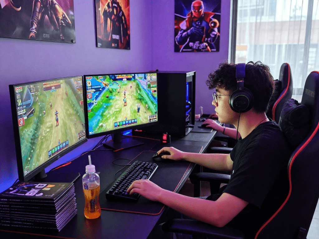 Engaged gamer playing slot88 with vibrant gaming setup and energy drink.