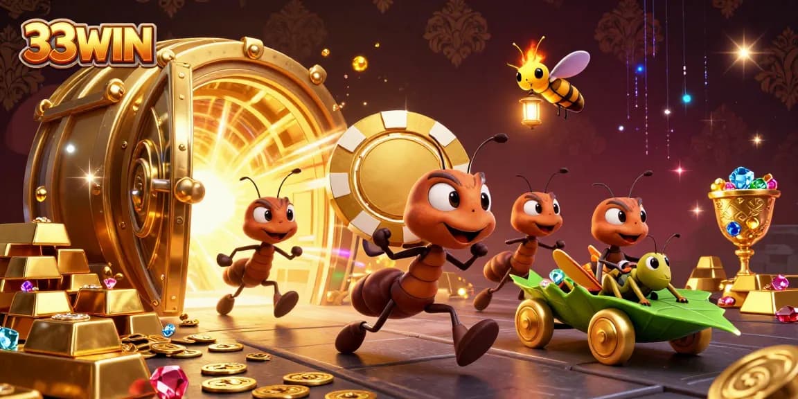33WIN showcases a heist scene with cartoon ants carrying a giant poker chip, emphasizing excitement in gaming.