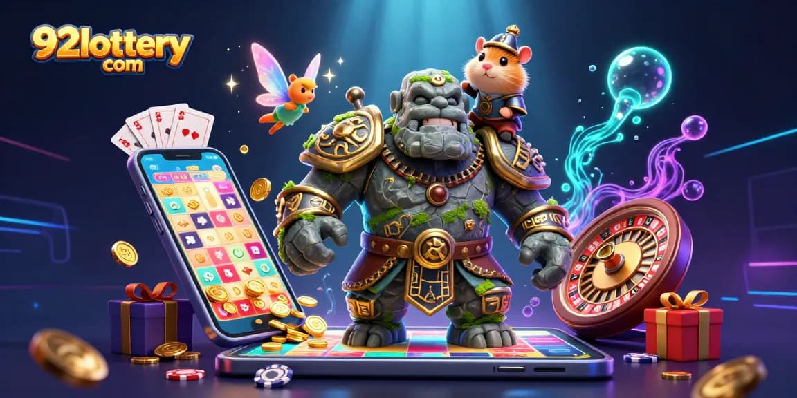 Engage with 92lottery com through a vibrant scene of magical characters and lottery elements.