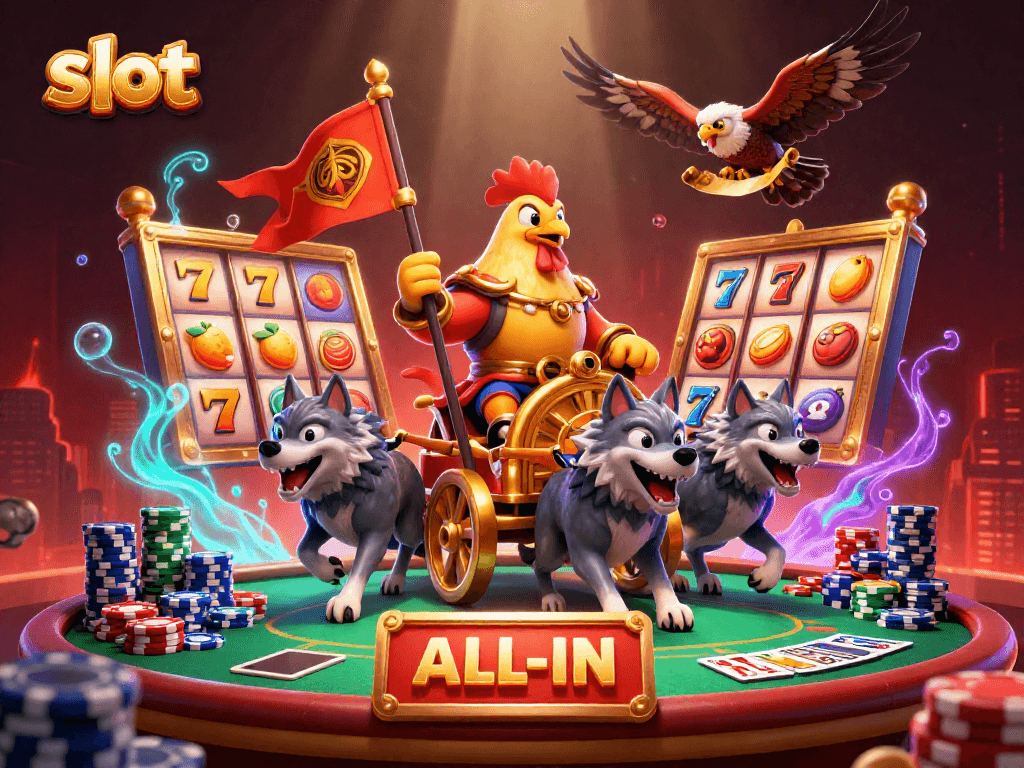 Spin slots for big wins with a roaring 3D rooster warlord and vibrant gameplay elements.