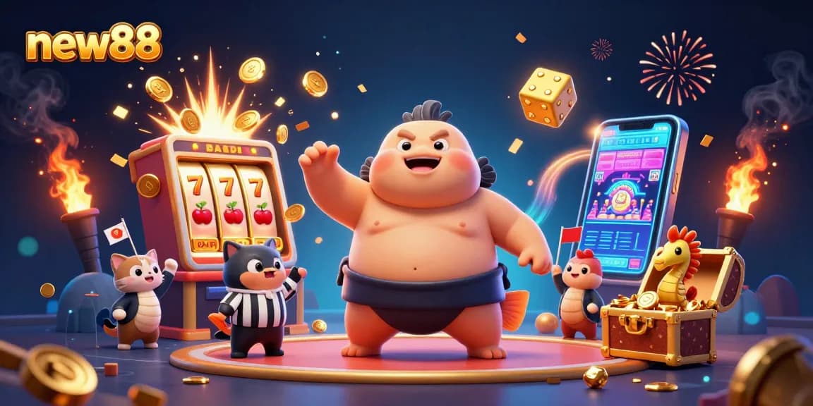 Win jackpot at new88 with a vibrant 3D casino scene featuring fugu, catfish, and slot machine