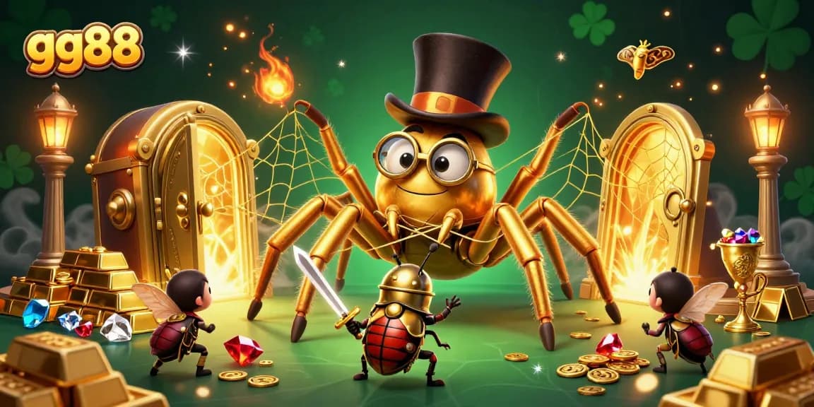 Engage with the thrilling world of gg88 in this vibrant casino-themed 3D illustration featuring a golden tarantula weaving a web of riches.