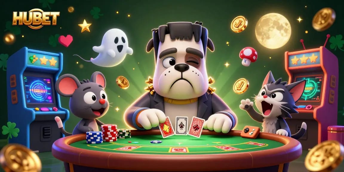 Experience thrilling gameplay with HUBET at a spooky casino table featuring unique characters.