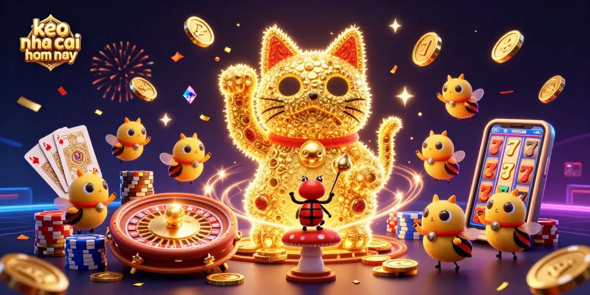 Experience betting with keo nha cai hom nay through this vibrant illustration featuring a lucky cat and casino symbols