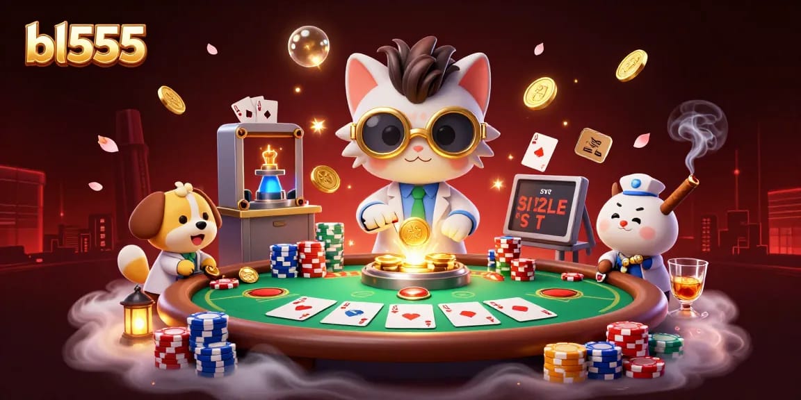 Catch the excitement at bl555 with a mad scientist cat and poker elements in this vibrant casino scene.