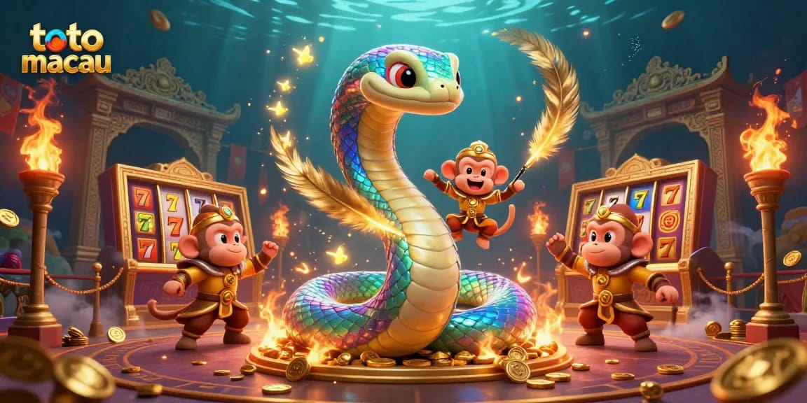 Rasakan keseruan toto macau dengan ilustrasi kasino yang menampilkan naga pelangi, raja monyet, dan elemen permainan yang penuh warna.