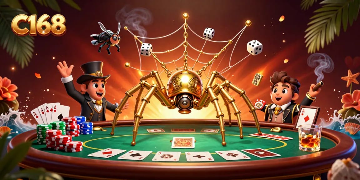 C168 captivates with a steampunk spider and fly gentleman caught in a gold chain web at a lively poker table.