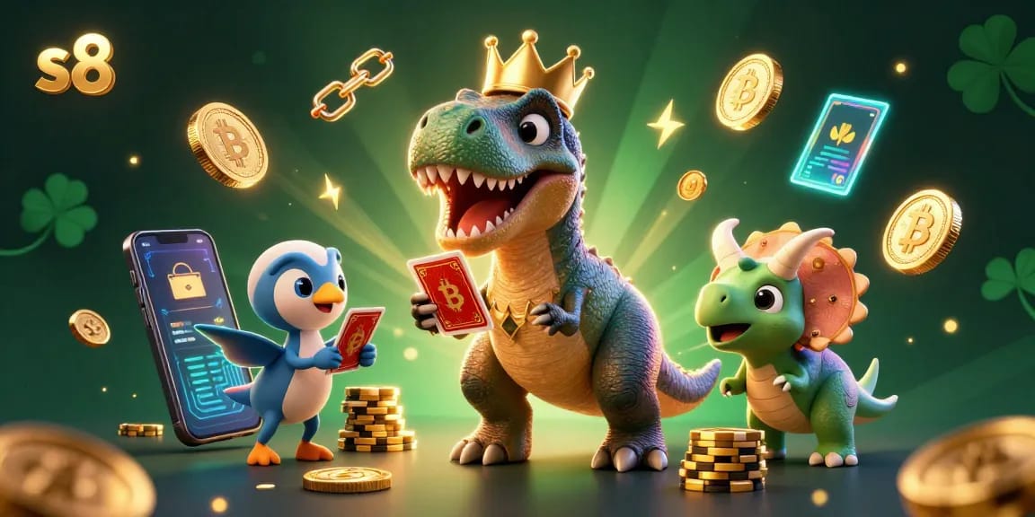 Engage with exhilarating gaming at S8 casino featuring a T-Rex and friends stacking chips in an electrifying atmosphere.