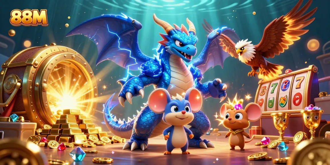 Win big at 88M with slot reels, jackpot symbols, and thrilling casino action alongside dynamic characters.