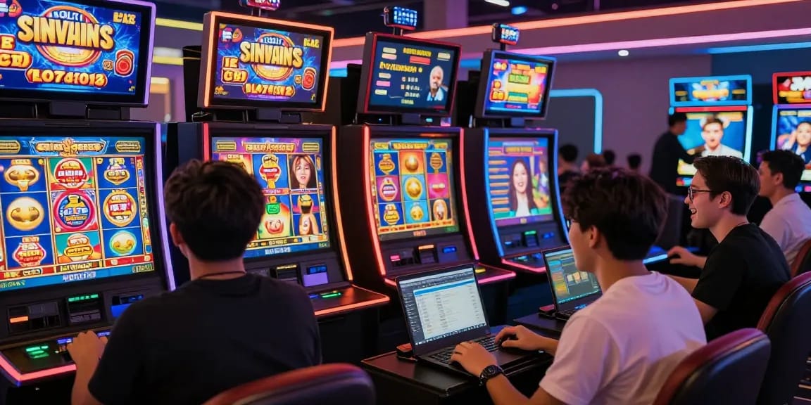 A lively online gambling scene showcasing players enjoying 'slot gacor' games, celebrating wins with vibrant visuals.
