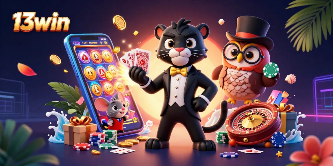 Experience the excitement of 13win with a stylish panther and friends in a vibrant casino scene.