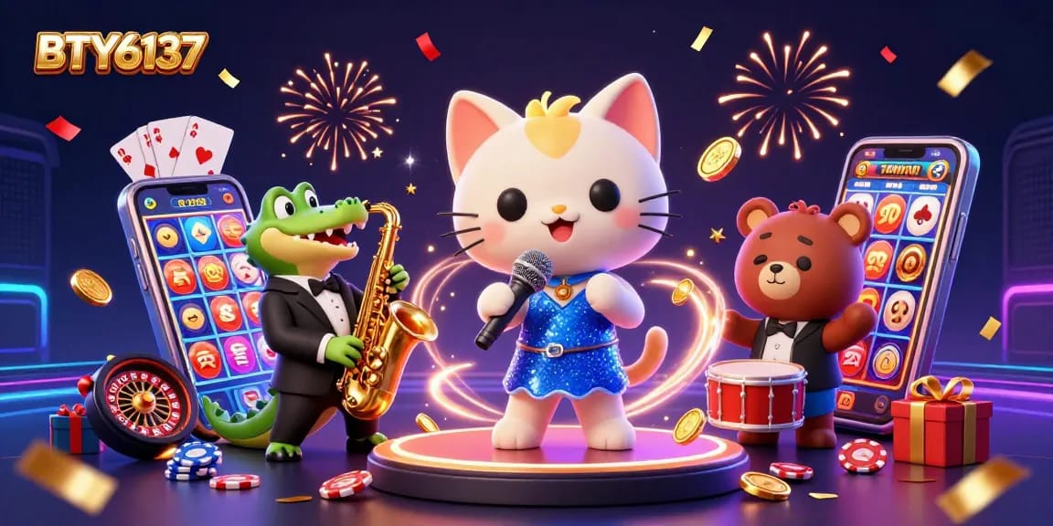 BTY6137 features vibrant cartoon characters in a festive casino scene, celebrating big wins!