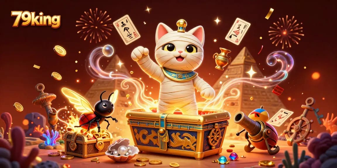 Experience thrilling moments at 79king with a vibrant 3D casino scene showcasing unique characters and games.