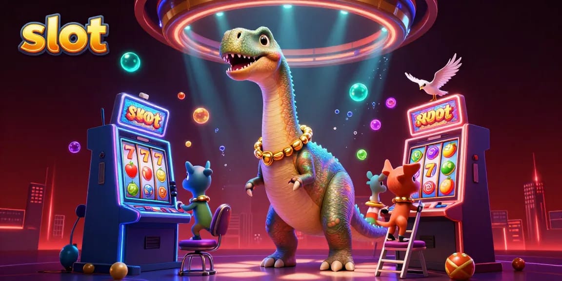 Spin the slot reels in an exciting casino scene featuring a giant brontosaurus and clever raptor.