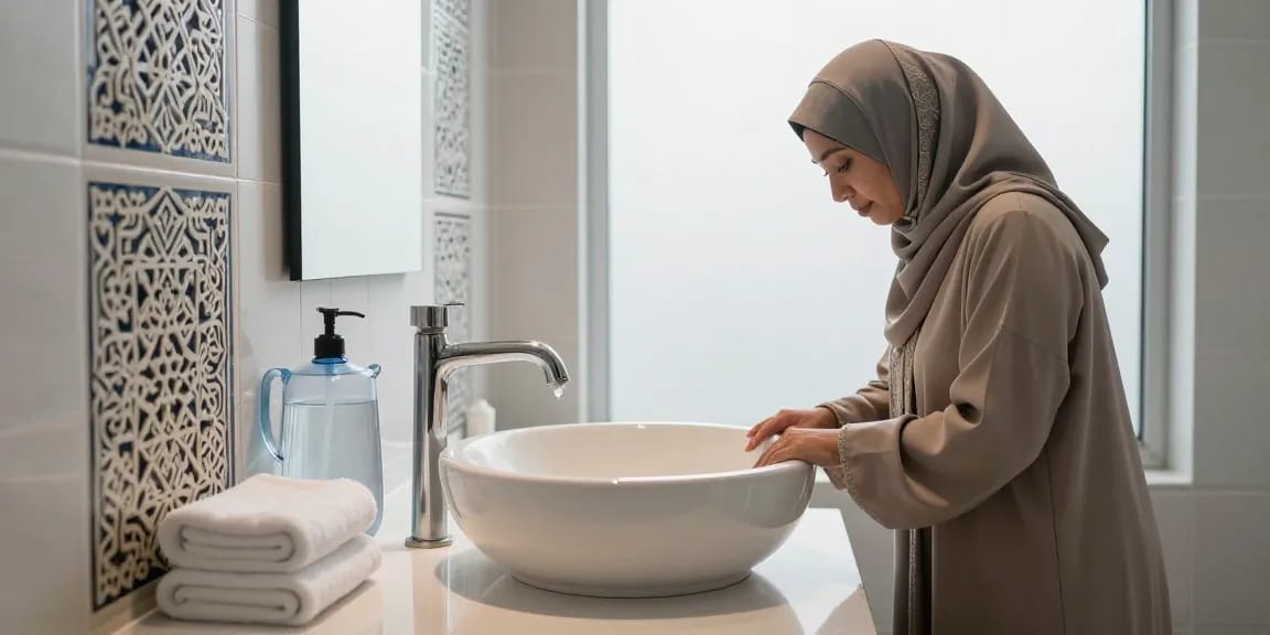 Ablution wash basin in a serene Islamic bathroom setting, showcasing elegant design and cultural elements.