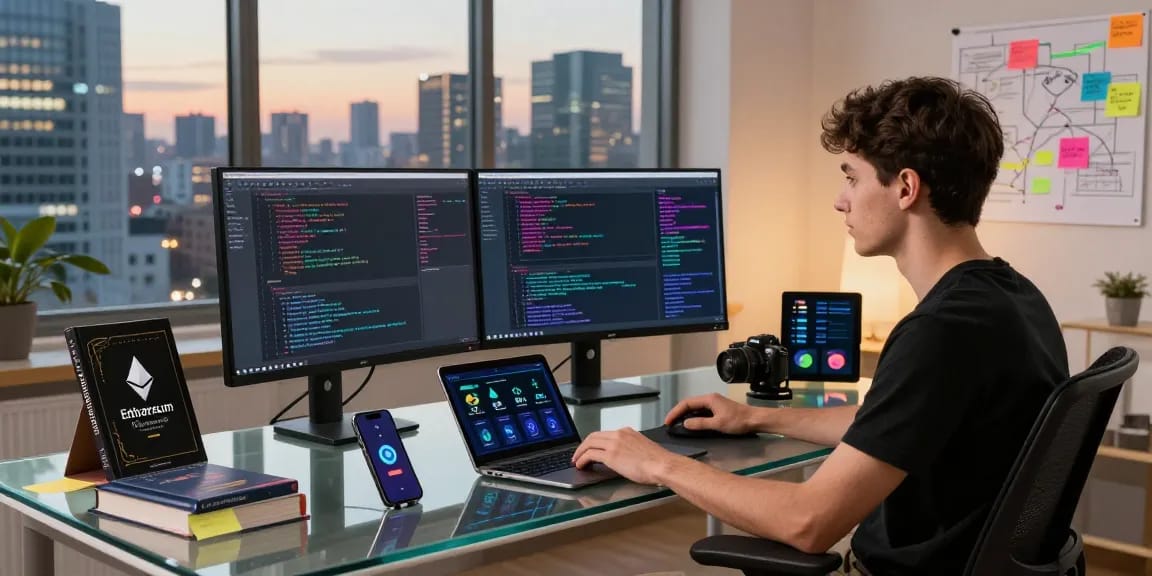 Web3 developer in a modern workspace focused on blockchain projects, showcasing dual monitors and digital devices.