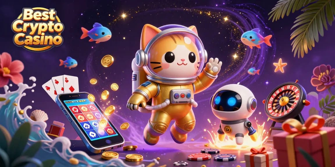 Experience vibrant gaming at Best Crypto Casino with captivating characters amidst a nebula of excitement.