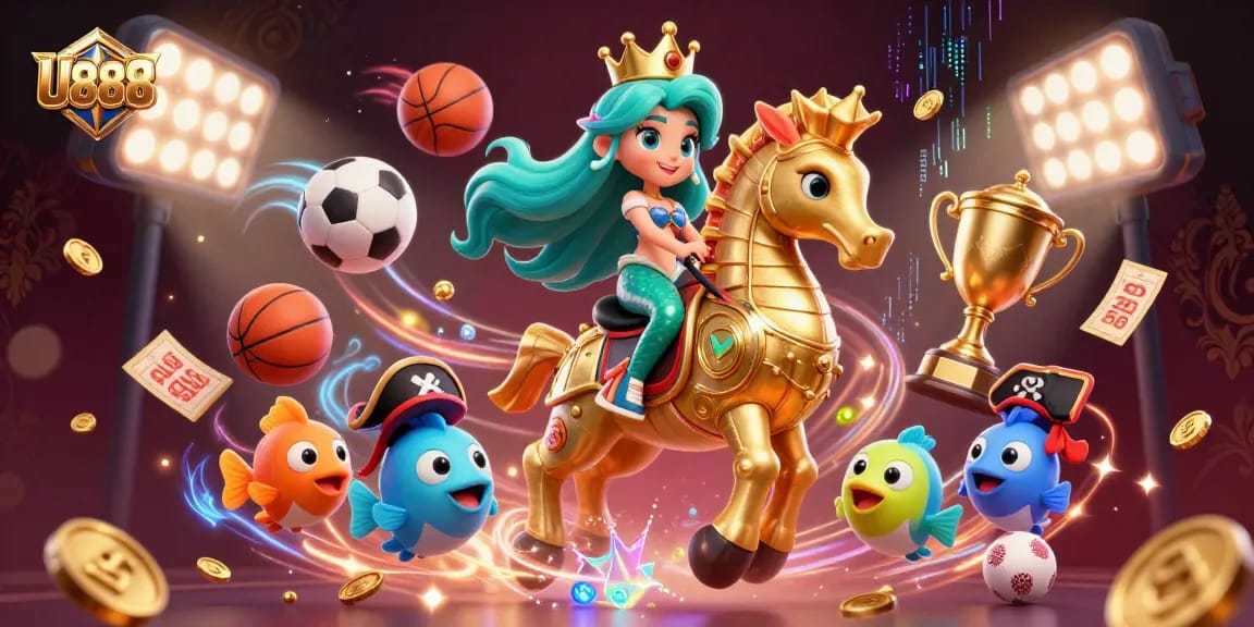 Bet on U888 with a vibrant mermaid scene filled with dynamic casino elements.