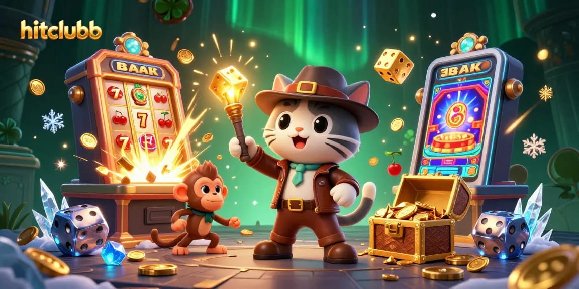 Engaging illustration showcasing hitclubb with an adventurous cat and monkey among casino artifacts.