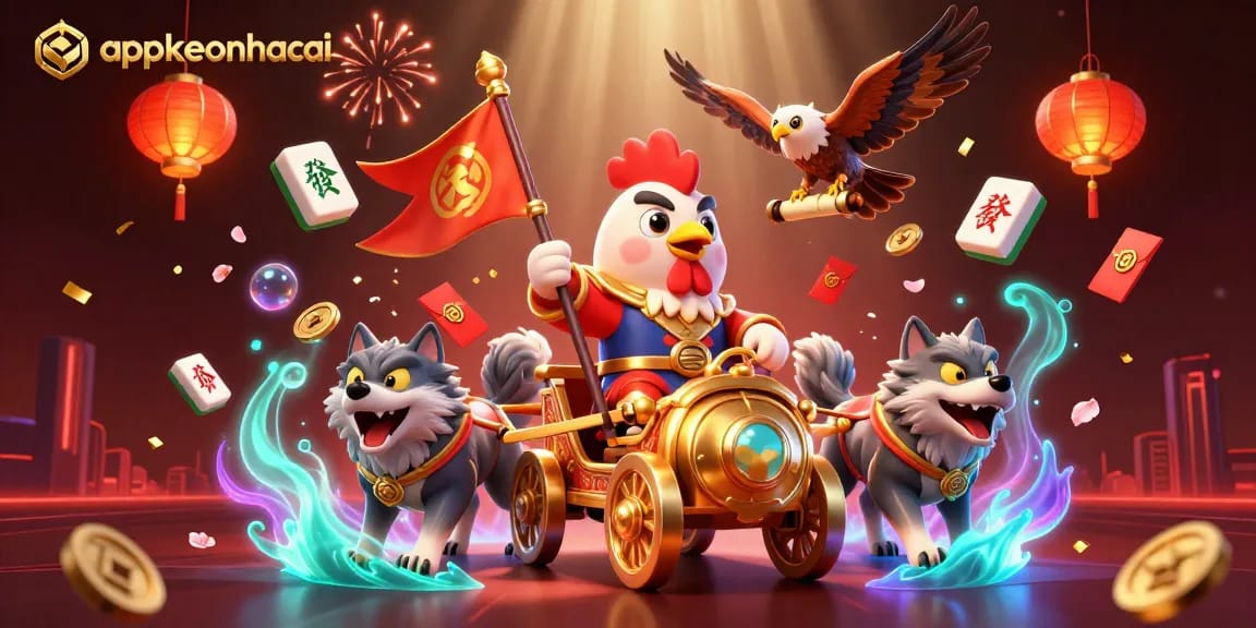 Experience thrilling betting action with appkeonhacai through a vibrant 3D casino illustration showcasing a dynamic rooster warlord.