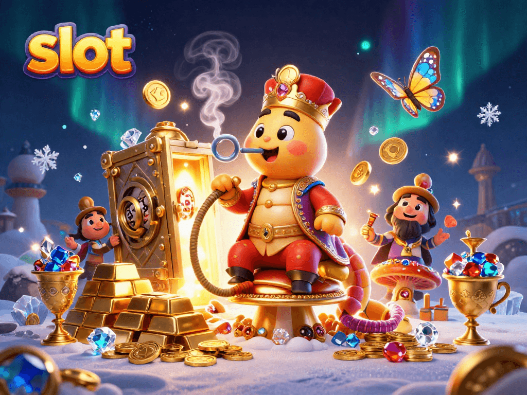 Spin the slot reels with golden treasures and winning symbols in this vibrant illustration.