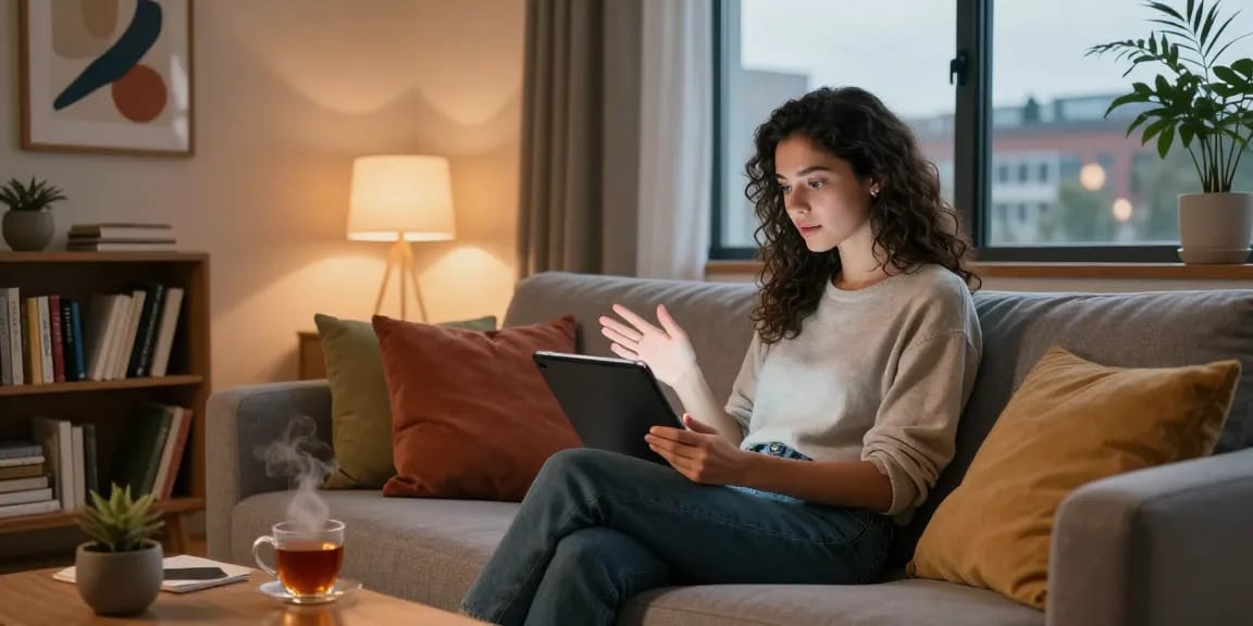AI girlfriend conversation in a cozy living room with warm lighting.