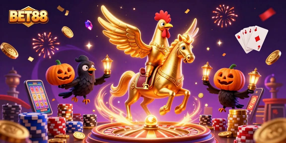 Bet88 gaming experience with a golden rooster and casino elements in a vibrant 3D illustration.