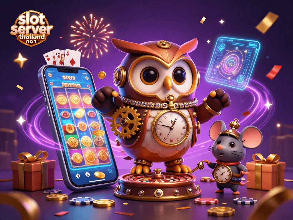 Engage with slot server thailand no 1 in a vibrant 3D casino scene featuring a time-traveling owl, slot games, and sparkling celebrations.