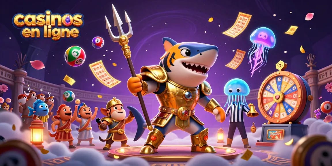 Découvrez les casinos en ligne avec un requin tigre en armure d'or, montant un spectacle dynamique sous-marin.
