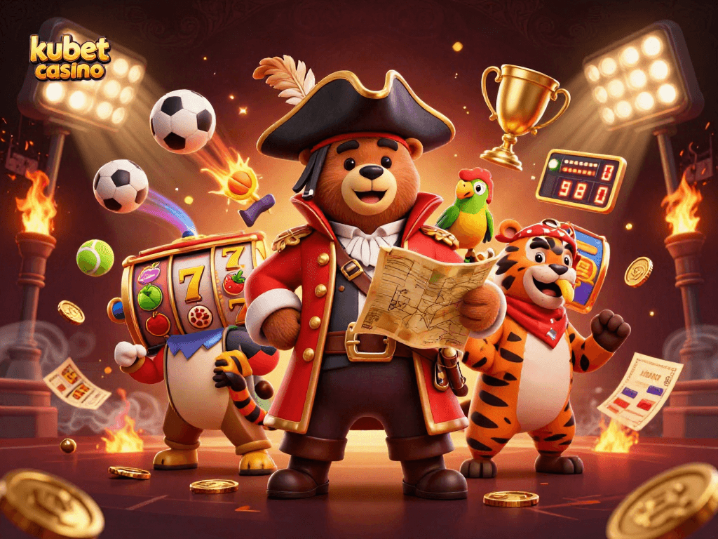 Kubet casino showcases excitement with a pirate bear, tiger, and parrot surrounded by vibrant slot elements.