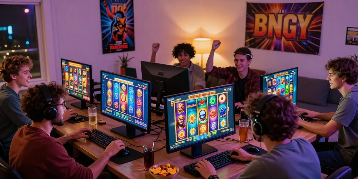 Group of friends enjoying HWGSLOT online gaming celebration in vibrant setting