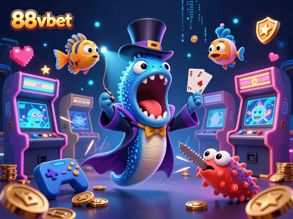 88vbet features a magical scene with a deep-sea gulper eel performing tricks in an electrifying casino setting.