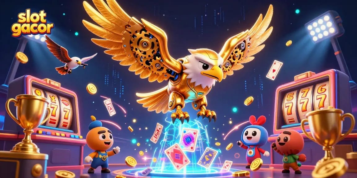 Experience the excitement of slot gacor with a golden eagle amidst dynamic casino gaming elements.