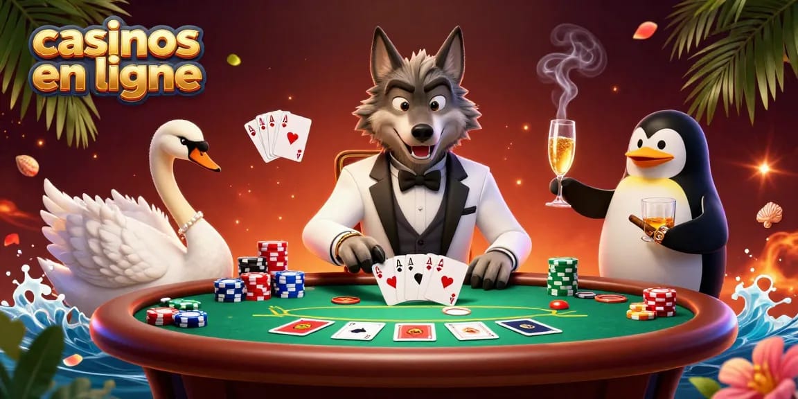 Jouer dans des casinos en ligne et gagner des cartes dans une scène animée avec un loup, un cygne et un pingouin.
