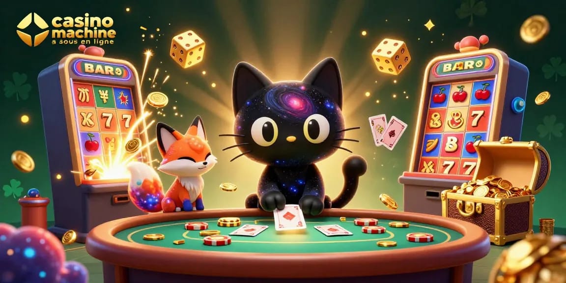 Jouez à la machine à sous de casino en ligne avec des personnages 3D attirant des pièces d'or et des cartes.