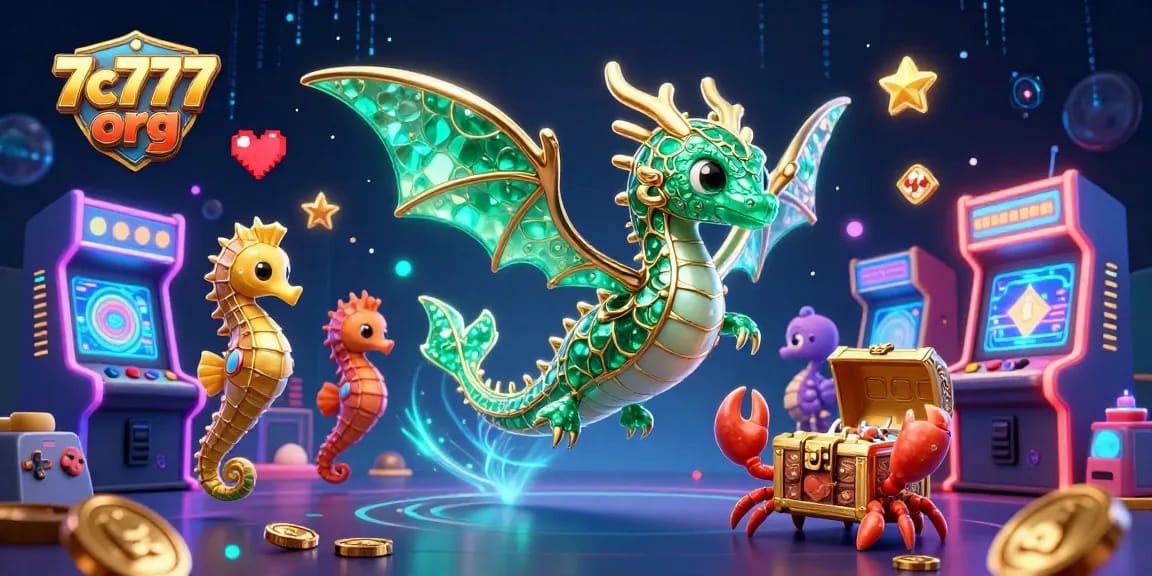Engage in vibrant 7c777 org adventures with a cartoon sea dragon, arcade games, and treasure.