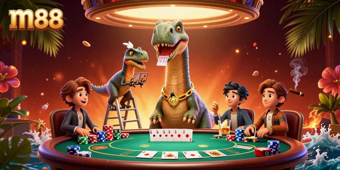 Engage with m88's vibrant casino scene featuring a brontosaurus and raptor in a poker showdown.