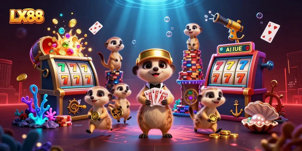 Experience thrilling gameplay at LX88 with cartoon meerkats managing a vibrant casino.