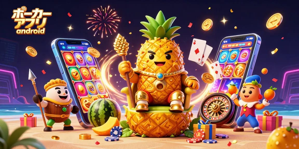 ポーカーアプリ androidを使ってリアルマネーでプレイするシーンを描いた3Dイラスト。